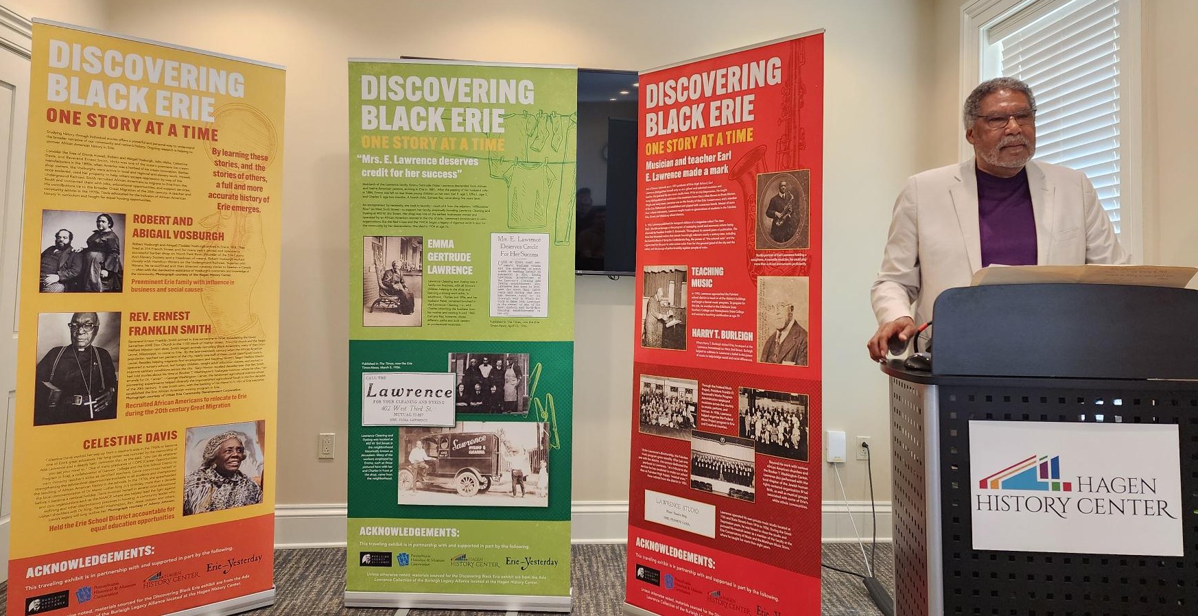 June 2025 press conference unveiling the "Discovering Black Erie" traveling exhibit. Photograph features project lead Johnny Johnson and three of the five exhibit banners.